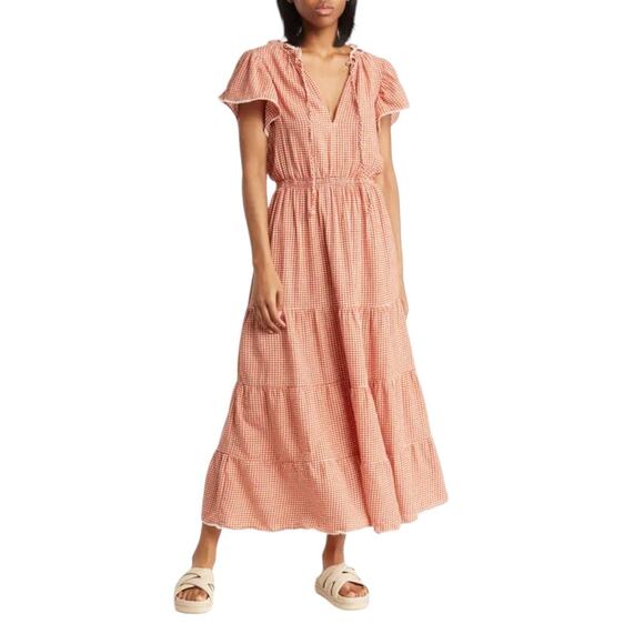 Max Studio Gingham Flutter Sleeve Tiered Maxi Dress Brick Size Large NWOT - Picture 1 of 8